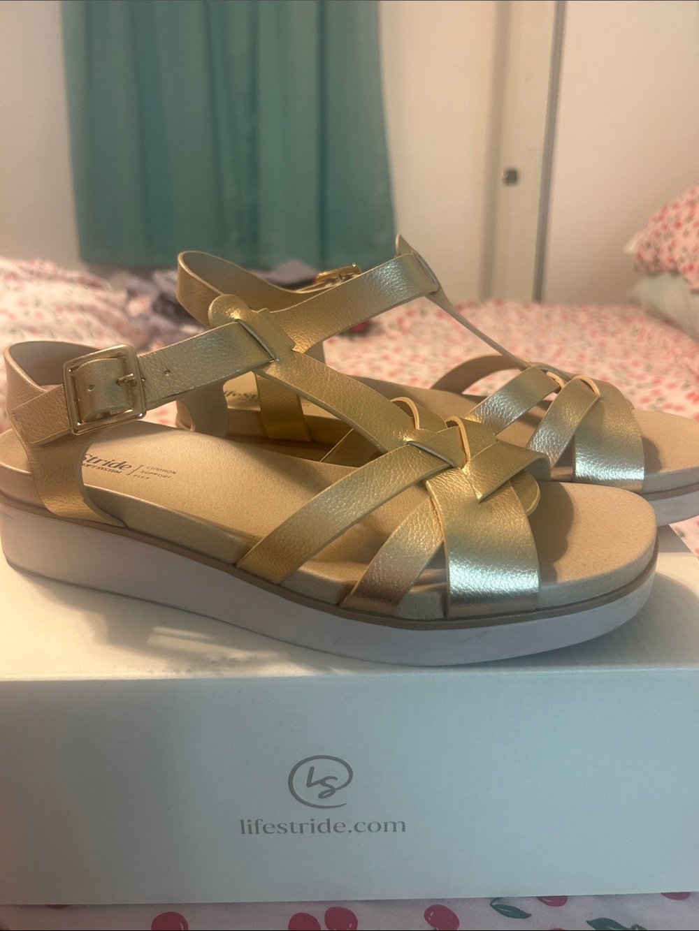 Life Stride Metallic Gold Woven Sandals for Women